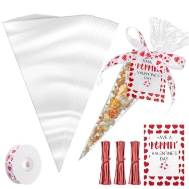 Imagem de Sliner 100 unidades de sacos de guloseimas em forma de cone de dia dos namorados 16 cm x 30 cm bolsa de celofane transparente com fita de coração e cartões de presente, sacos de plástico cone para