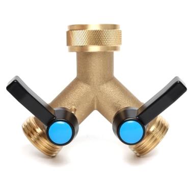 Imagem de OPERMAXER Divisor de mangueira de mangueira de jardim com válvula Y, divisor de mangueira resistente de 2 vias com alças de extensão de metal e válvula liga/desliga individual, entrada fêmea de 9,5 cm