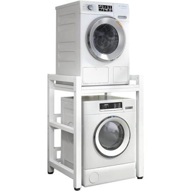 Imagem de Kit de empilhamento com suporte ajustável, lavadora e secadora de carga frontal – Rack portátil com capacidade de 400 kg – Unidade de armazenamento sobre lavadora para lavanderia, moldura branca +