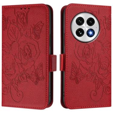 Imagem de Capa carteira rosa e borboleta em relevo para OnePlus 13, [bloqueio RFID] [suporta carregamento sem fio] 3 compartimentos para cartão e 1 compartimento para dinheiro, capa flip com fivela magnética à