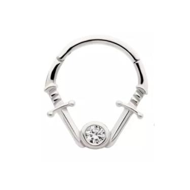 Imagem de Pierced Owl 16GA 316L Aço Inoxidável Adaga Dupla com Cristal CZ Centro Articulado Segmento Clicker Ring, Metal, Zircônia cúbica