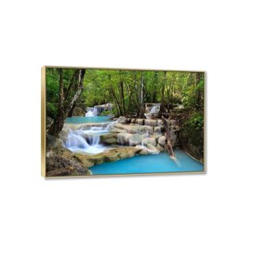 Imagem de JZSDGB Pintura em cascata, arte de parede, rochas, árvores, natureza, paisagem, impressão em tela, arte grande, pronto para pendurar, arte de parede para sala de estar, quarto, decoração de parede, 50