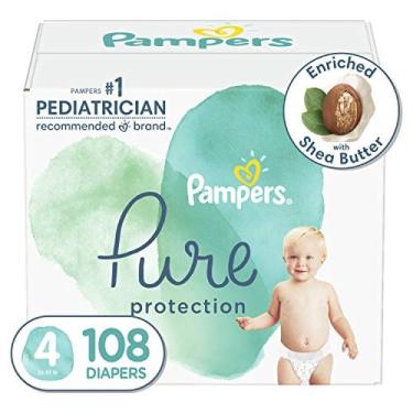 Imagem de Fraldas Tamanho 4, 108 Contagem - Pampers Pure Protection Fraldas descartáveis de bebê, Proteção Hipoalergênica e SemCenida, Pacote Enorme (Embalagens