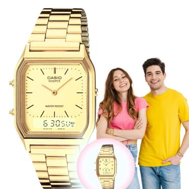 Imagem de Relógio de pulso Unissex Casio Vintage Analógico Digital Masculino Feminino Retro Pulseira em Aço Inóx Dourado AQ-230GA