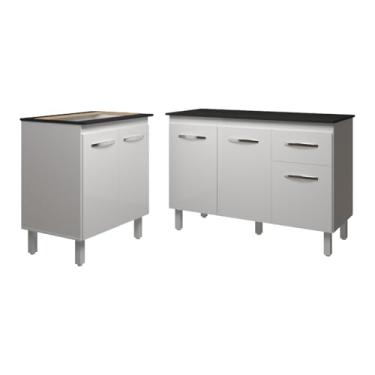 Imagem de Mobília Decor, Balcão Para Cooktop 5 Bocas Fran Branco e Armário Aline 118 cm Cozinha Gabinete Branco com Tampo Tampão Preto