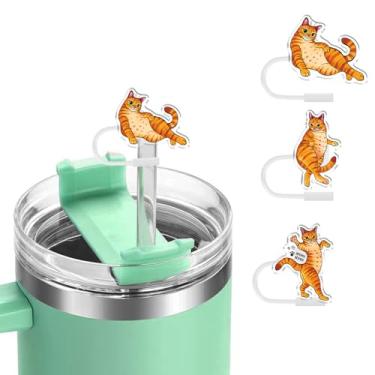 Imagem de WIRESTER Conjunto de 3 peças de topo de canudo, tampa reutilizável de 10 mm, acessórios fofos compatíveis com Stanley Cup 850.5 g 1,134.0 g Tumbler - gato malhado laranja posturas divertidas