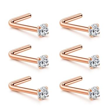 Imagem de UBGICIG 6 peças de brincos de nariz – piercing de nariz em forma de L de aço cirúrgico para mulheres 20 g piercing de narina joia 2 mm CZ ouro estilo um, Aço inoxidável, Sem Pedra Preciosa