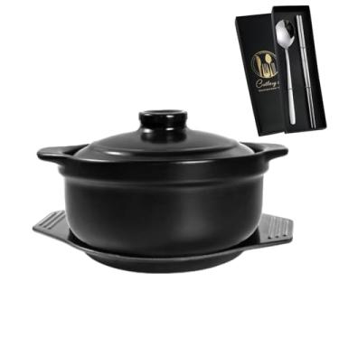Imagem de Tigela de pedra coreana com tampa e travessa, panela de cerâmica para cozinhar panelas quentes, panela de arroz, dolsot, bibimbap e utensílios de sopa, 1200 ml, inclui conjunto de utensílios