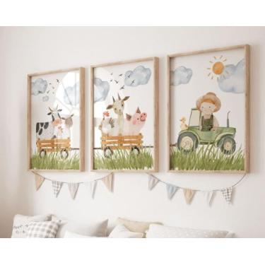 Imagem de Kit 3 Quadros Decorativos Animais Fazendinha Trator Quarto Menino Deco