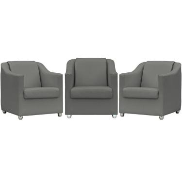 Imagem de Kit 3 Poltronas Mila Corino Cores Pé De Plástico Cromado - Cinza Corino