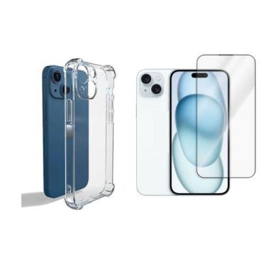 Imagem de Kit Capinha Silicone Antichoque + Película 3D Compativel com Iphone 15