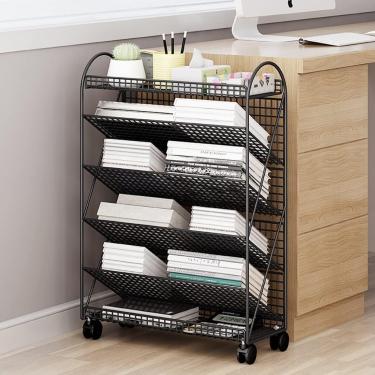 Imagem de Carrinho de biblioteca de rolos de prateleira de metal de 6 camadas, prateleiras inclinadas em forma de V com rodas trancadas para o caminhão de livros da biblioteca escolar de escritório em