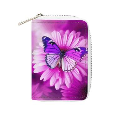 Imagem de NTVOWPZO Carteira masculina com suporte de cartão de crédito macio para cartão de visita borboleta roxa e capa de cartão de flores com zíper