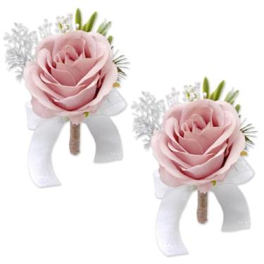 Imagem de S&W SHLAX&WING Conjunto de 2 flores de flor rosa rosa para homens corsage cerimônia de noivo com broche de flores artificiais