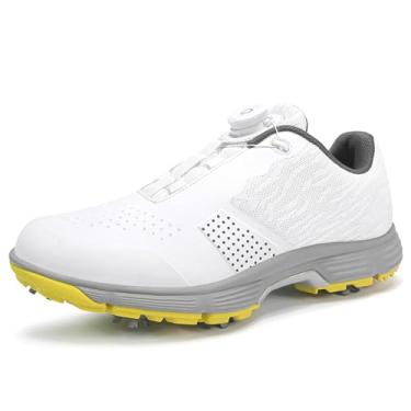 Imagem de ZHENSI Sapatos de golfe profissionais para homem com pregos, malha antiderrapante, sapatilhas informais para exteriores, Branco e ouro, 43 BR