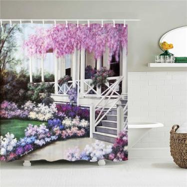 Imagem de Impressão de paisagem de cidade rural cortina de chuveiro de banheiro pintura de poliéster cortina de cenário decoração de casa, JK6747, L90 x A180 cm