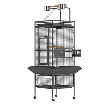 Imagem de GarveeHome Gaiola grande para pássaros de 154 cm, gaiola de combate de pássaros de metal com parte de cima, suportes de rolamento, tigelas de alimentação, gaiola de papagaio larga e alta para