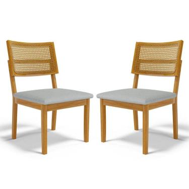 Imagem de Kit Com 2 Cadeiras Aline Madeira Maciça Assentos Estofados Encostos De Tela Palha Sextavada