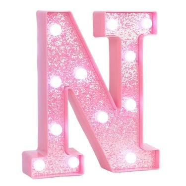 Imagem de EUFONY Letreiro de LED rosa, luzes com letras do alfabeto com glitter para decorações de festa de aniversário, placas de letras operadas por bateria para decoração de mesa de quarto de meninas, letra