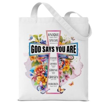Imagem de Dumyum Christian God Says You Are Sacola de lona presentes para mulheres meninas presente religioso inspirador borboleta estética reutilizável mercearia bolsa de ombro para compras, viagens