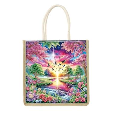 Imagem de Tontut Kit de pintura de diamante bolsa de mão linda paisagem faça você mesmo feito à mão com estampa de diamante presente criativo grande capacidade bolsa de lazer para viagens