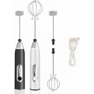 Imagem de Mini Mixer Misturador Processador Elétrico Portátil Inox Recarregável USB 2 em 1 Prepara Bebidas Cremosas Fuê Batedor de Ovos, Café Cremoso, 3 Velocidades Turbo Sem Fio Gourmet Premium Preto e Branco