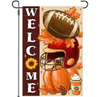Imagem de Newwiee Bandeira de jardim de outono dupla face 30,5 x 47 cm outono bem-vindo serapilheira quintal bandeira com folhas de bordo abóbora futebol milkshake e pinha – decoração sazonal ao ar livre para