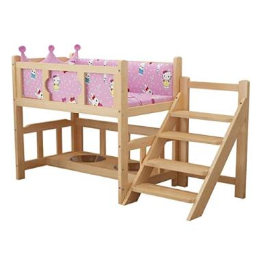 Imagem de OQOPO Dog House Cama de madeira para animais de estimação de 2 camadas, cama elevada para animais de estimação com guarda-corpo com escadas e corrimão, tigela para cães, camas de madeira para cães