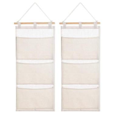 Imagem de mekueeex 2 peças extensores de peixe, bolsos suspensos, bolsa de armazenamento inovadora com 3 bolsos, organizador de pendurar na parede de linho de algodão para presentes de armário de porta de