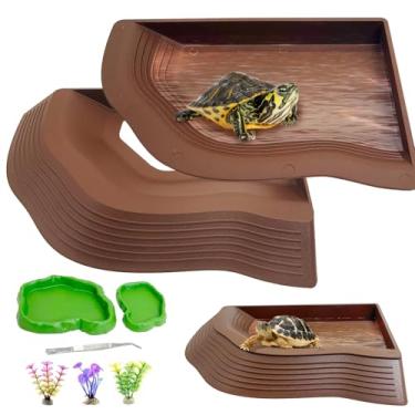 Imagem de Apatal Réptil, piscina, 2 em 1, prato de água de tartaruga com rampa, tigela grande de alimentação de tartaruga com degraus, pratos de comida e água para répteis de plástico, 7 peças, acessórios de