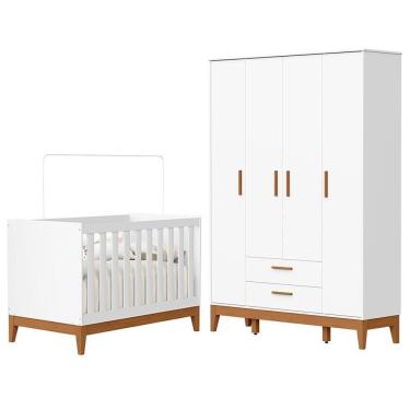Imagem de Jogo De Quarto Infantil Flip Guarda Roupa 4 Portas E Berço Americano Branco Fosco - Reller Móveis Branco Fosco