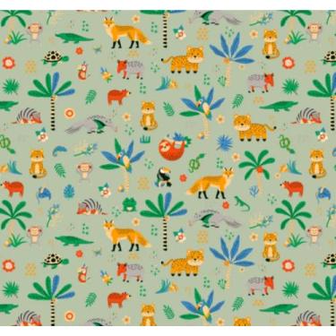 Imagem de Tecido Tricoline Estampado Pantanal, 100% Algodão, Animais e Plantas, 150cm x 50cm Tecidos Caldeira (Fundo Verde)