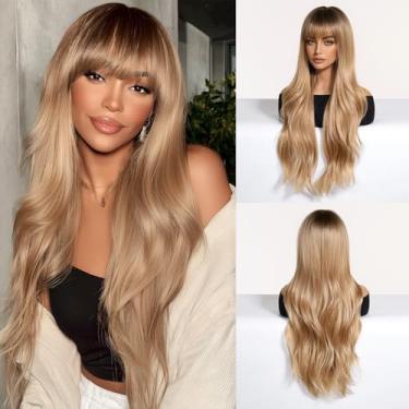Imagem de Peruca loira longa com franja loira morango para mulheres, peruca ondulada de 71 cm com raízes escuras, aparência natural, loiro, mel, peruca de substituição de cabelo sintético para meninas, cosplay