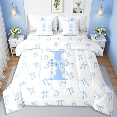 Imagem de Erosebridal Conjunto de edredom solteiro com laço de fita, 7 peças, azul, letra I em uma bolsa, fantasia de princesa, conjunto de cama para crianças, meninas, kawaii