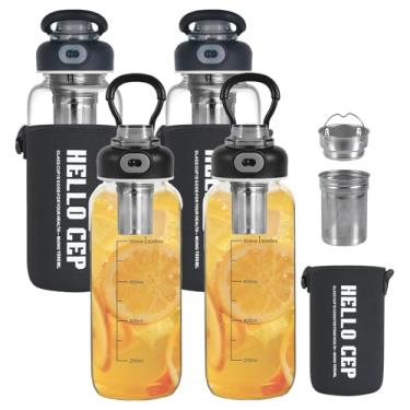 Imagem de wangsdjy Garrafa de água de vidro de 1000 ml com capacidade Mark e coador de chá de aço inoxidável - grande capacidade para bebidas quentes/frias, café, chá e água. Inclui manga protetora, perfeita