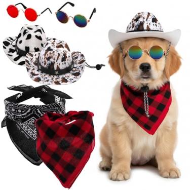 Imagem de Eorbow Pacote com 6 fantasias de cowboy de cachorro, chapéu de vaca de estimação para o Dia das Bruxas, 2 chapéus ajustáveis para meninos e gatos com 2 cachecóis bandana e 2 óculos de sol, acessórios