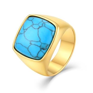 Imagem de Veshon Anel masculino com sinete quadrado olho de tigre de aço inoxidável com pedra natural para homens joia presente para ele, tamanho 7-12, Pedra, Turquesa