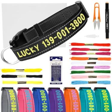 Imagem de Coleira de cachorro bordada personalizada - Nome e número costurados à mão, coleira refletiva ajustável para cães e gatos pequenos/médios/grandes, nylon durável com anel D de aço (preto, grande)