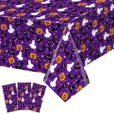Imagem de Oudain 3 peças de toalha de mesa de Halloween 137 × 272 cm descartável plástico roxo assustador teia de aranha fantasma capa de mesa retangular para decoração de festa de carnaval ou travessuras