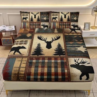 Imagem de AILONEN Jogo de lençol solteiro solteiro de caça de veado, cabana rústica, urso preto e chifre de veado, lençol com elástico com 2 fronhas, 3 peças