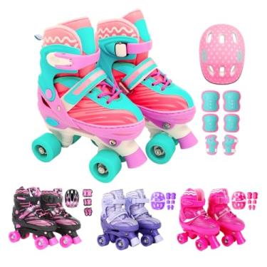 Imagem de Patins Infantil Roller 4 Rodas Proteção Ajustável (Verde com rosa, M - 33 ao 36)
