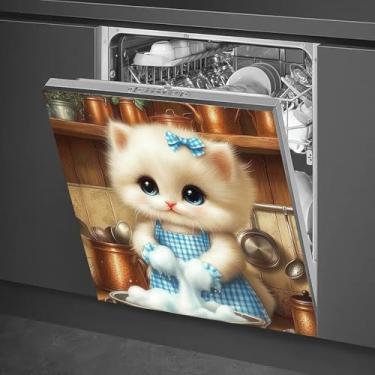 Imagem de HOMETITUTE Capa magnética para lava-louças 58 x 66 cm Gatinho fofo em azul guingão avental de lavar louça magnética capa de lava-louças para decoração de utensílios de cozinha painel frontal adesivo