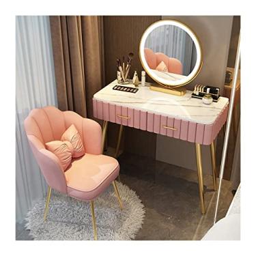 Imagem de Escrivaninha de penteadeira Moderno conjunto de mesa vaidade maquiagem quarto cômoda simples bancada mármore espelho fezes(Pink Chair,80cm)