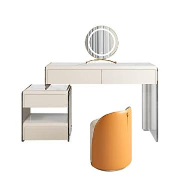 Imagem de Escrivaninha de penteadeira Penteadeira com bancos e gavetas acolchoados macios, armário de armazenamento para penteadeira, maquiagem simples para quarto(Médio)