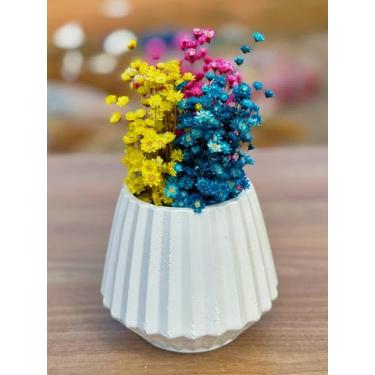 Imagem de Arranjo de Flores Sempre-Vivas Naturais em Vaso Decorativo, 15 cm, Branco com Padrão Art Déco (12)