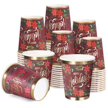 Imagem de WRAPAHOLIC 50 peças de copos de papel de Natal - 255 g copos descartáveis florais vermelhos felizes e poinsétia, suprimentos de festa de fim de ano para suco, café, bebida quente e fria