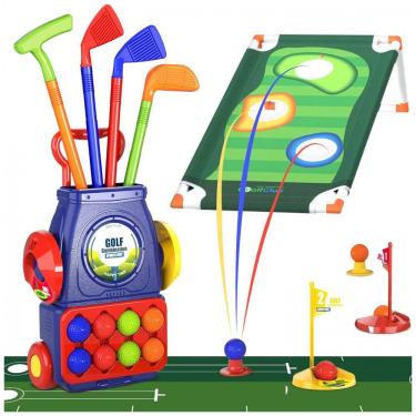 Imagem de Conjunto de Tacos de Golfe Infantil com 8 Bolas, Tapete e Carrinho com Rodas, QDRAGON, Azul