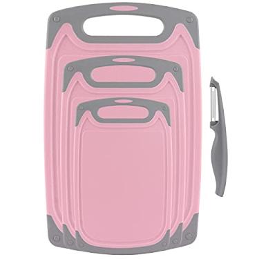 Imagem de Tábuas de corte para cozinha, conjunto de 4 tábuas de corte de plástico com pés antiderrapantes e sulcos de suco de gotejamento profundo, alça fácil de segurar, segura para lava-louças, livre de BPA, não porosa (rosa/cinza)