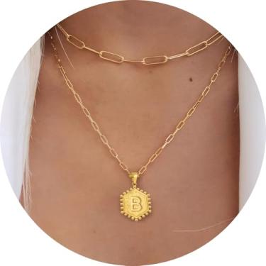 Imagem de Colar personalizado com pingente de letra A-Z, design hexagonal de corrente de camada dupla, joia minimalista de aço inoxidável para mulheres, F, Aço inoxidável, Sem Pedra Preciosa