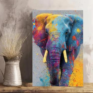 Imagem de Arte de parede em tela rústica vintage de elefante colorido - Pôster sem moldura de 30 x 45 cm - Decoração de casa e escritório para sala de estar, quarto, cozinha e café